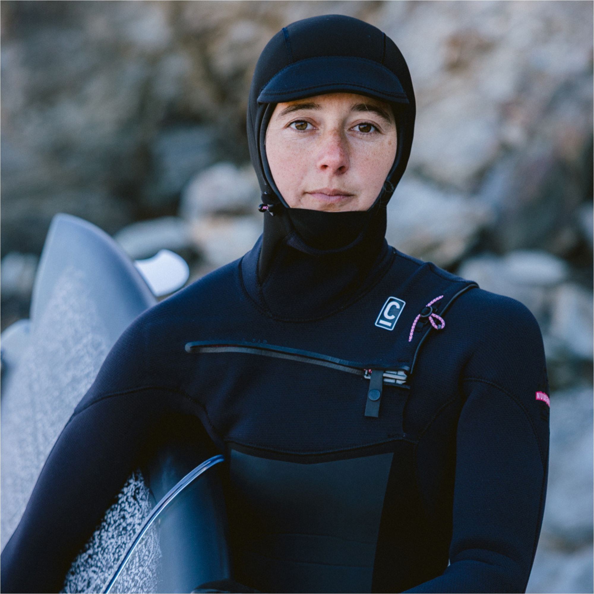 2026 C-Skins Womens Nuwave Rewired 6/5mm Hooded Chest Zip Wetsuit CRW65WH - Black / Black / Rose